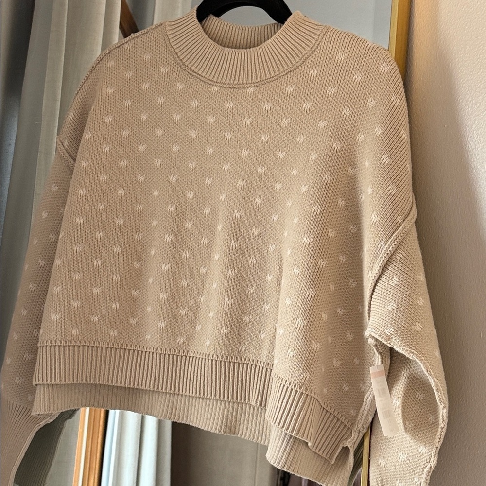 NWT Free People Easy Street Patterned Crop Sweater Hearts Beige Tan - Picture 6 of 11